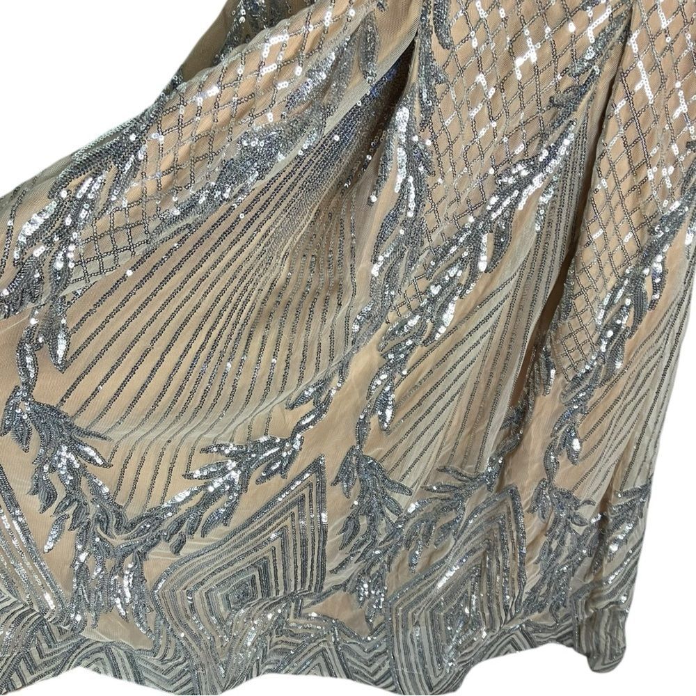 Mac‎ Duggal Beaded Nude Silver Dress 4 Art Deco Midi V Neck Gala 67533 - Picture 7 of 16